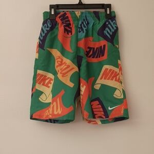 Nike Kids Green Swim Shorts with Multicolor Retro Logos
